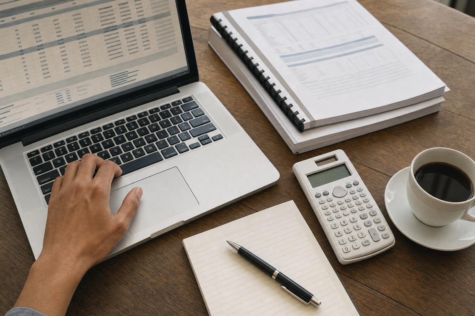 Auditor working with laptop, spreadsheet and calculator — Primos Bo'ot auditing