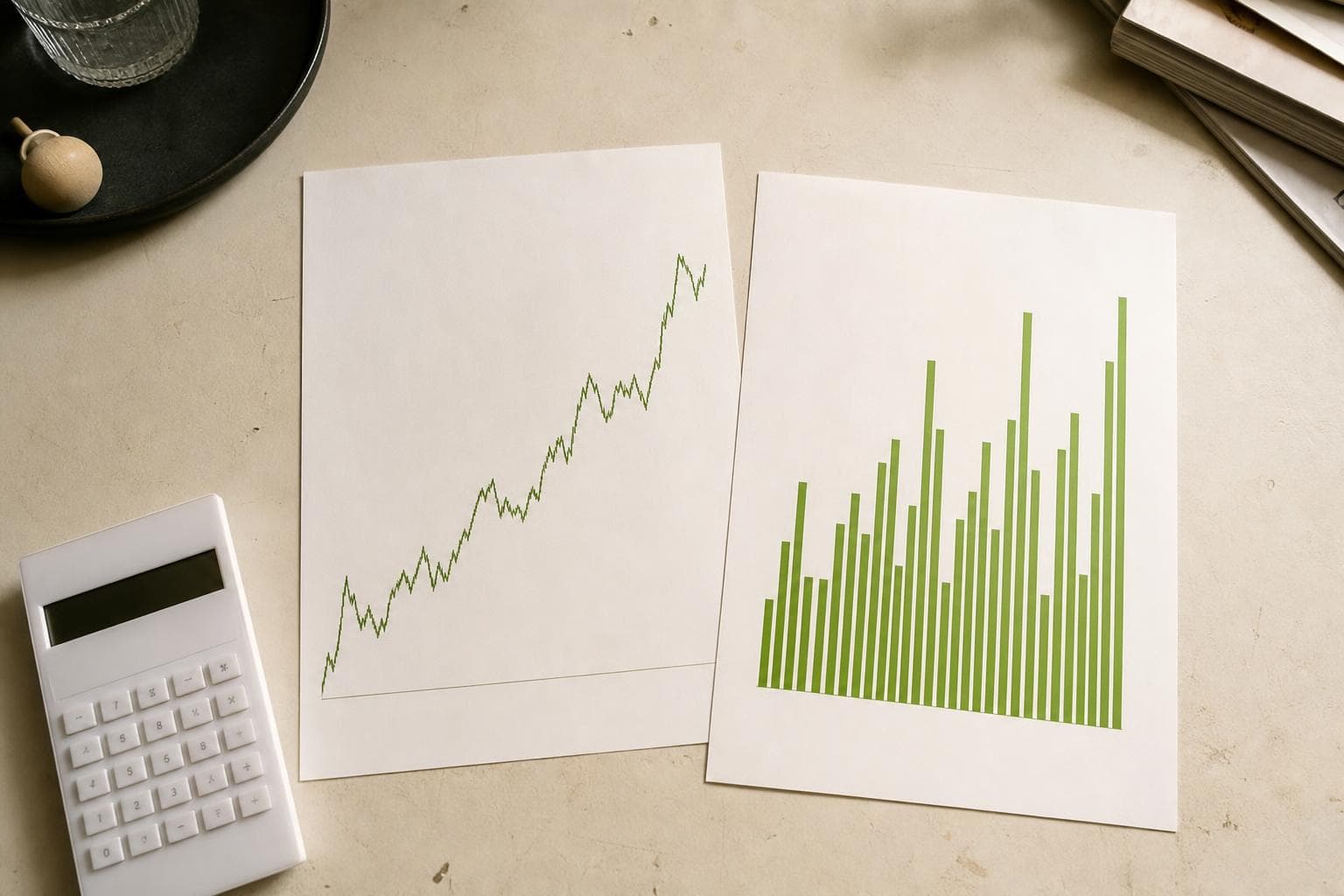 Editorial financial chart printouts on a desk — Primos Bo'ot management consulting