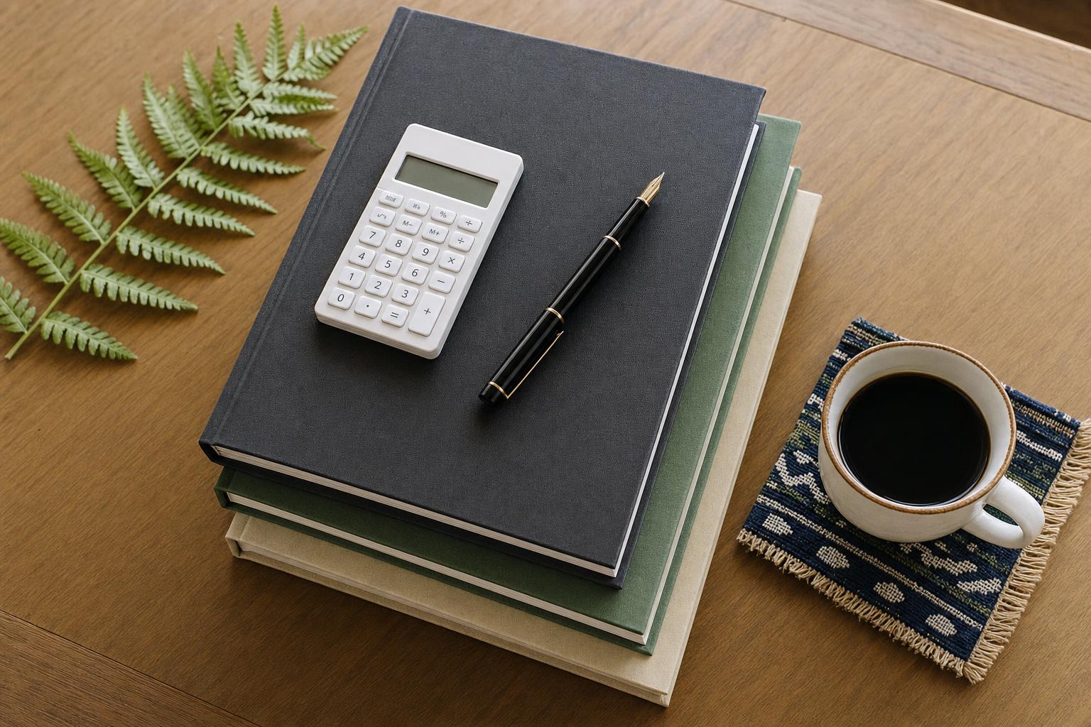 A stack of three annual-report binders, a calculator and a fountain pen on a warm wooden desk in a Dili accounting office, with a porcelain coffee cup on a tais textile coaster — the everyday work of preparing a corporate income tax return in Timor-Leste.