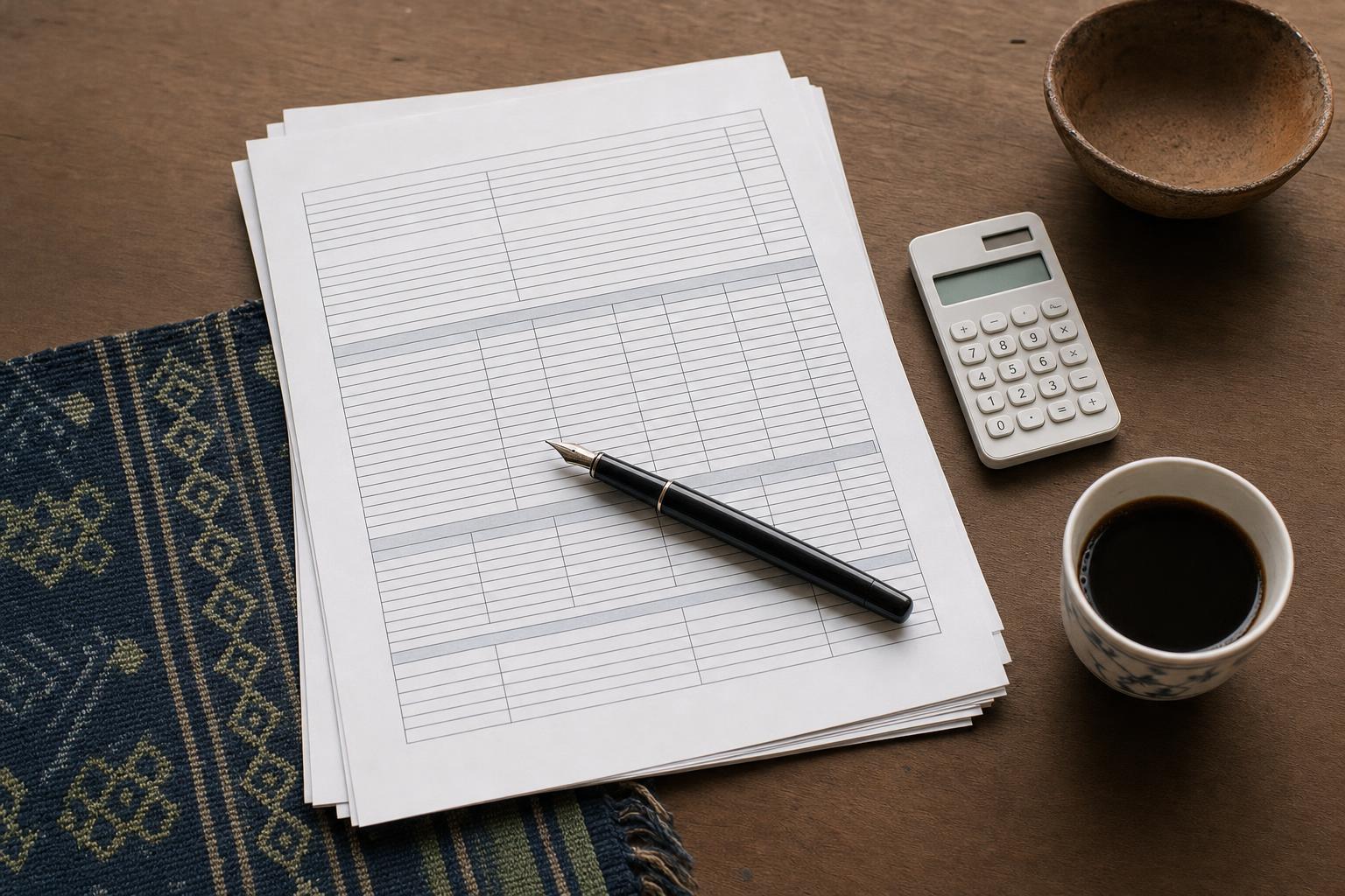 Top-down view of tax-compliance paperwork, a fountain pen, a calculator, an earthenware bowl, and a corner of traditional Timorese tais textile — the everyday rhythm of tax work at a Dili accounting office.