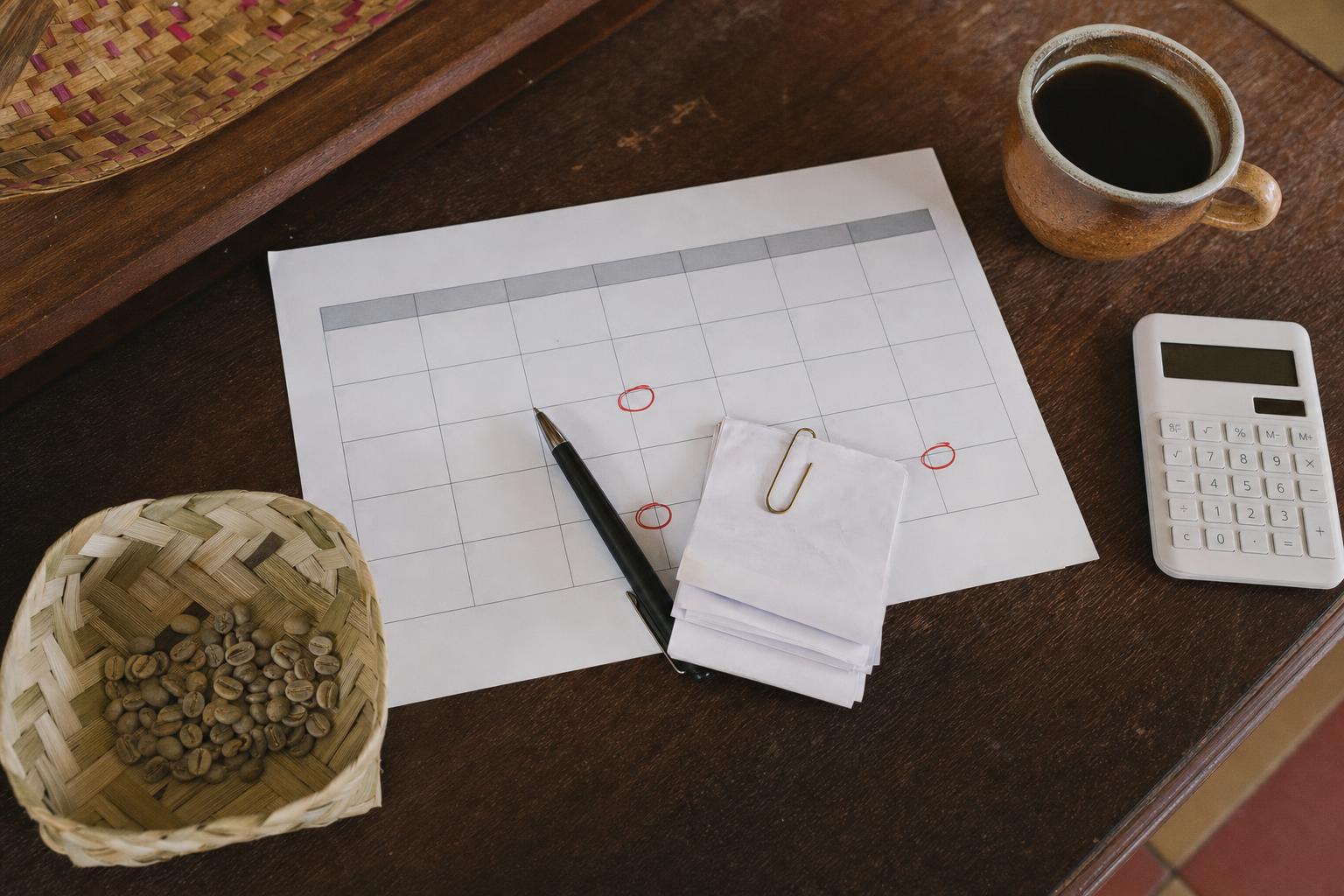 Top-down view of a paper monthly desk calendar with circled dates, receipts clipped together, a calculator and a small handwoven palm-leaf basket of Timorese coffee beans — the rhythm of monthly tax filing in a Dili office.